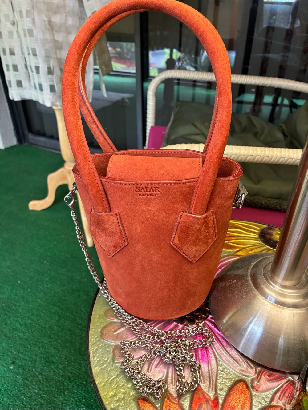SALAR MILANO Orange Suede Bucket Bag with Chain Strap - Never Ussd